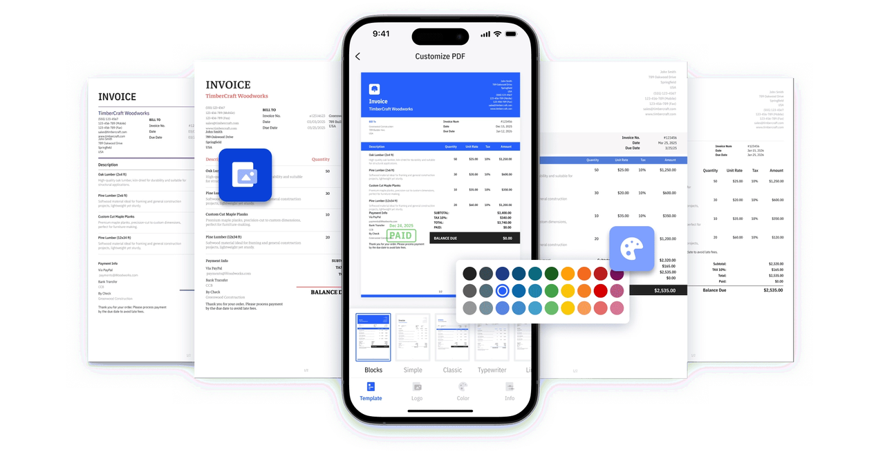 Mobile invoice PDF customization