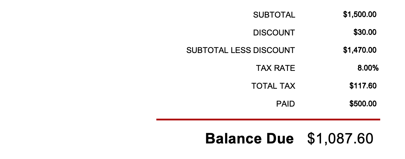 Invoice calculation breakdown table